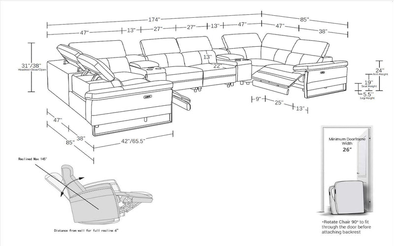 1246 - 8-Piece U-Shaped Modular Power Reclining Sectional With 2 Power Recliners And Power Headrests