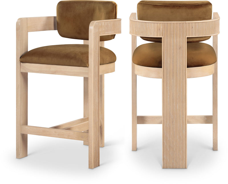 Sacha - Velvet Stool With Natural Base - Saddle