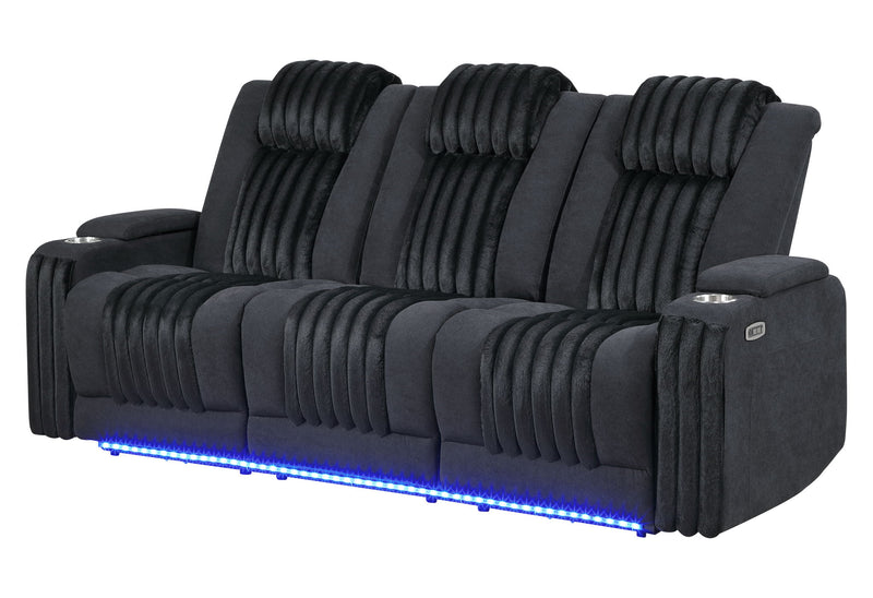 U8000 - Power Reclining Sofa With Power Headrest, Dropdown Table With Wood Trim & Reading Light & LED Light - Black