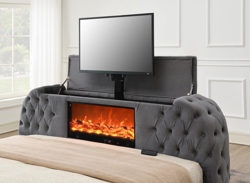 B541 - Velvet Bed With Fireplace, TV Mount & Bluetooth Speaker & USB