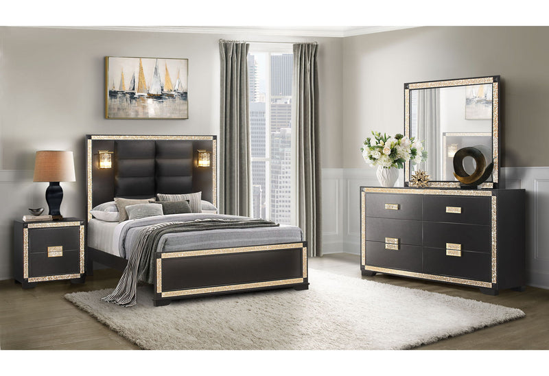 Blake - 5 Piece Bedroom Set (King Bed With Lamps, Dresser, Mirror, 2 Nightstands) - Black / Gold