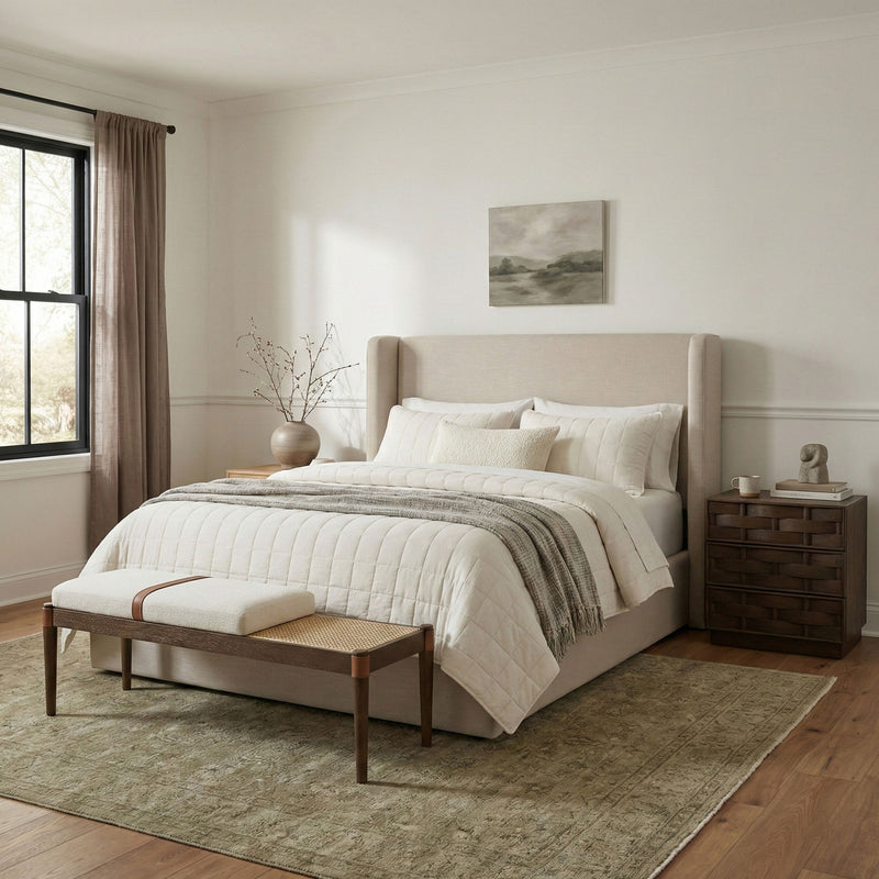 Nara - Linen Textured Fabric Upholstered Bench - Painted Brown Walnut