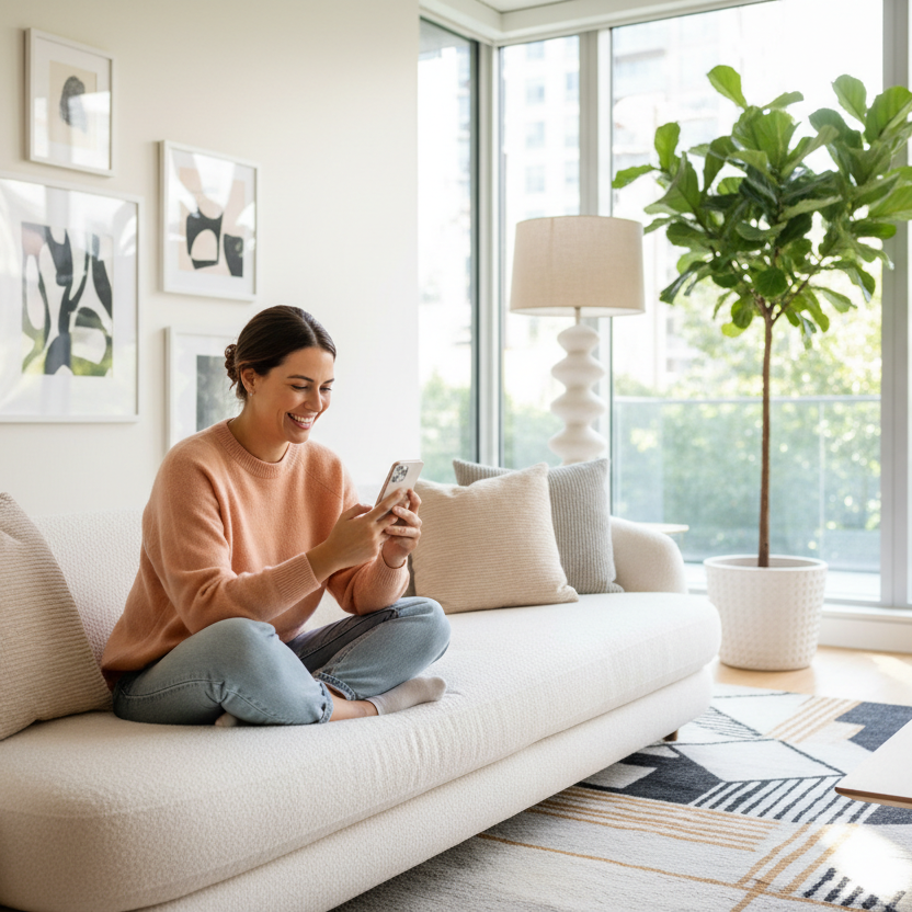 Woman sitting on a couch in a living room using a smartphone.