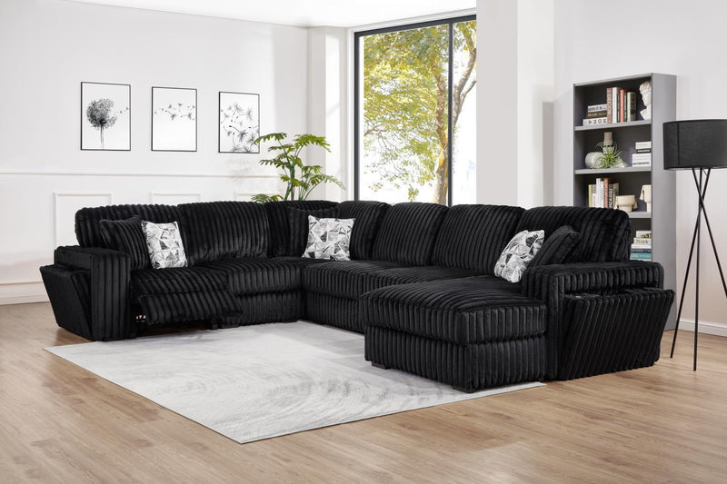 U259 - Corduroy Power Reclining 4 Piece Sectional With 2 Wireless Charger - Black