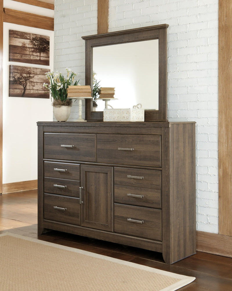 Juararo King/California King Panel Headboard Bed with Mirrored Dresser, Chest and Nightstand