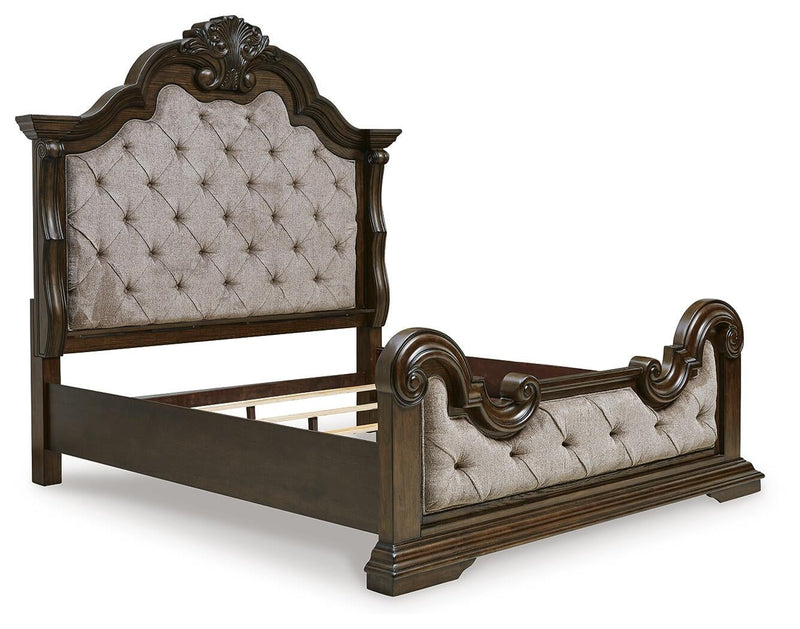 Maylee California King Upholstered Bed with Mirrored Dresser and Nightstand