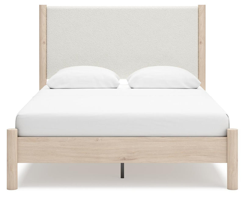 Cadmori Queen Upholstered Panel Bed with Mirrored Dresser and Nightstand