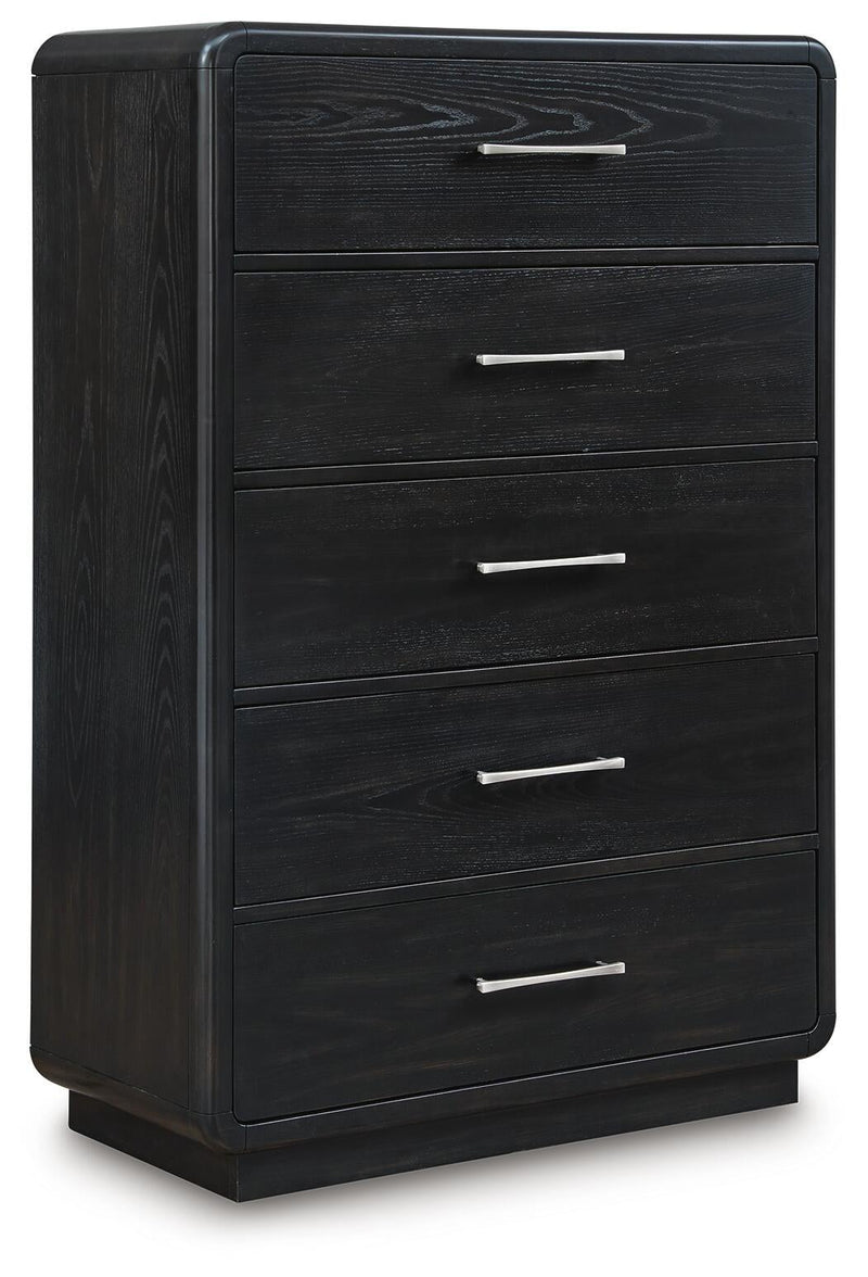 Rowanbeck California King Upholstered Panel Bed, Dresser, Mirror, Chest and Nightstand