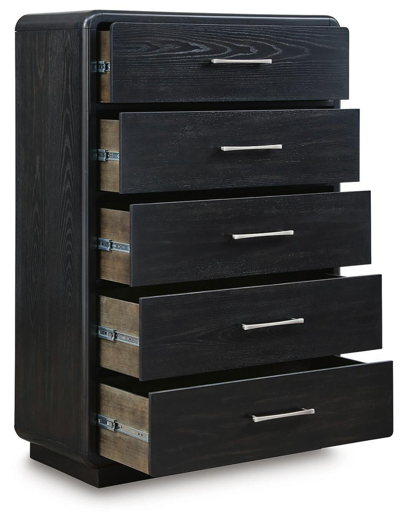 Rowanbeck California King Upholstered Panel Bed, Dresser, Mirror, Chest and Nightstand
