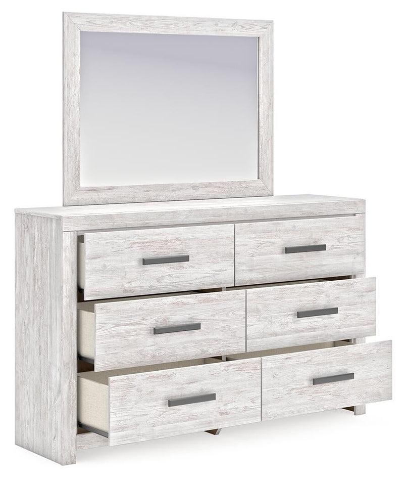 Cayboni King Panel Bed with Mirrored Dresser and Nightstand