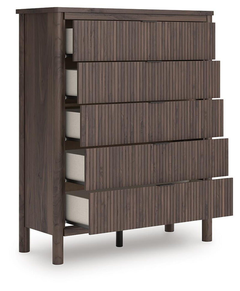 Pamytta Twin Upholstered Panel Platform Bed, Dresser, Mirror, Chest and Nightstand