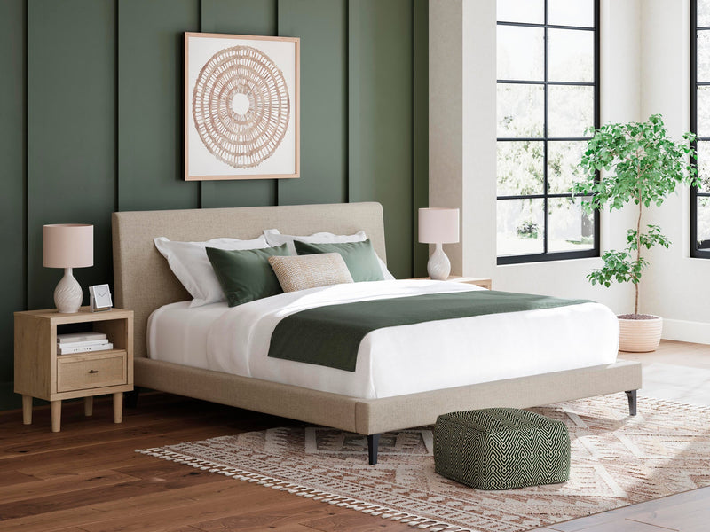 Cielden California King Upholstered Bed with Roll Slats, Dresser, Mirror, Chest and Nightstand