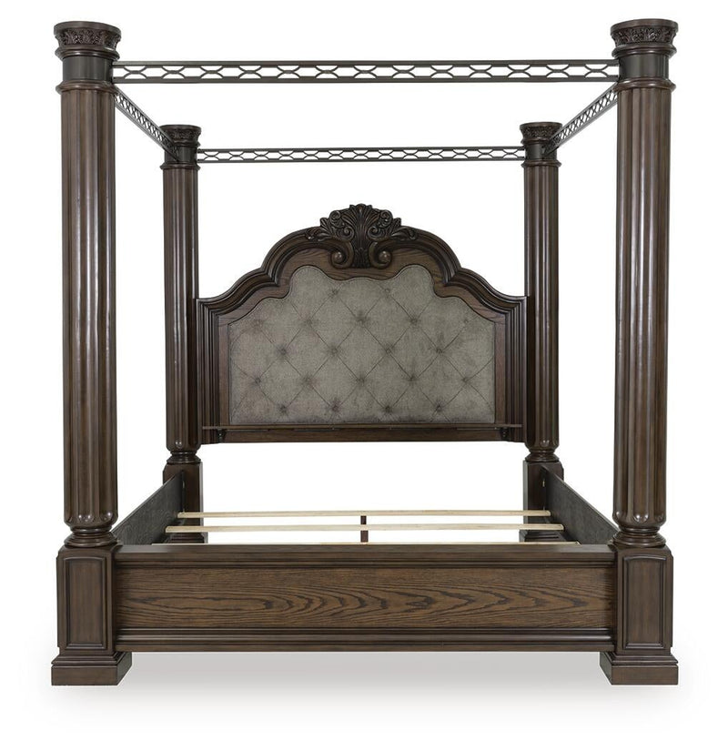 Maylee California King Canopy Bed, Dresser, Mirror and Nightstand