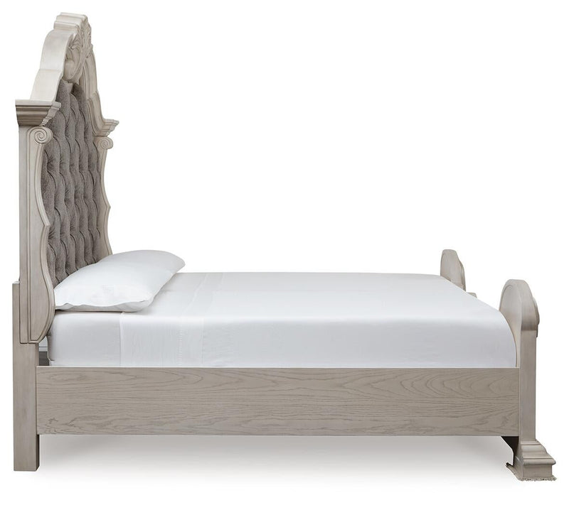 Bruchandi King Upholstered Panel Bed with Mirrored Dresser