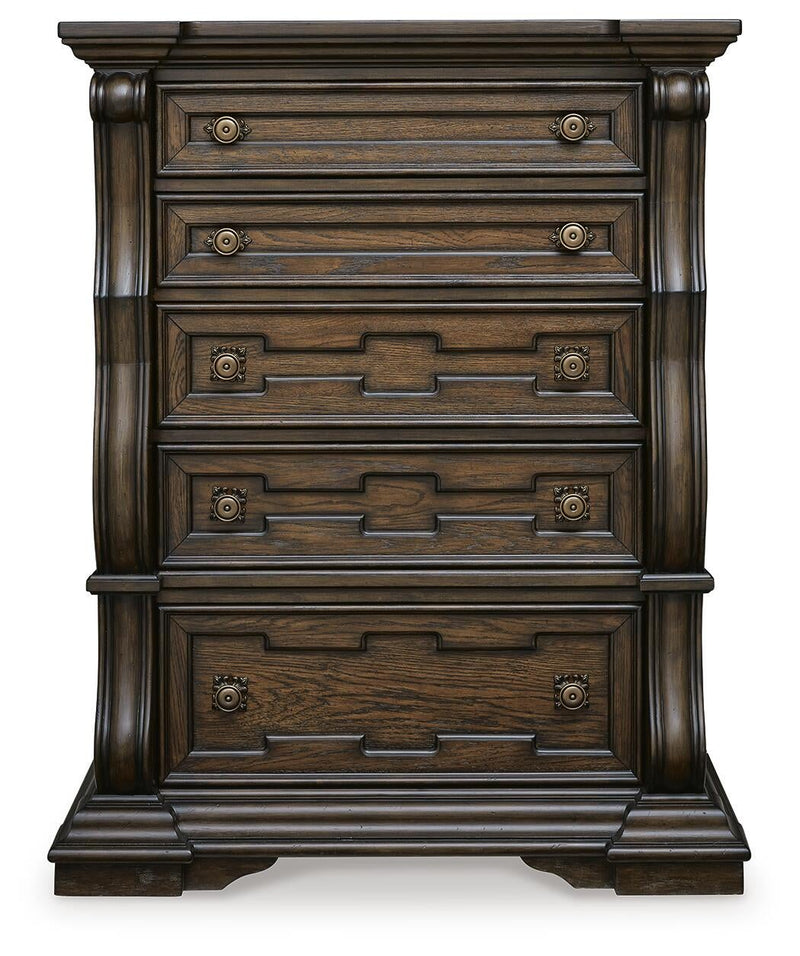 Maylee California King Canopy Bed, Dresser, Mirror, Chest and Nightstand