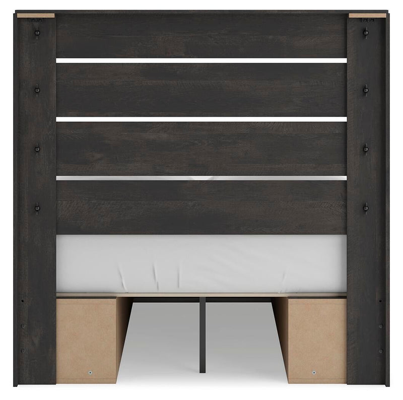 Delmorta Full Panel Bed with Storage, Dresser, Mirror and Nightstand