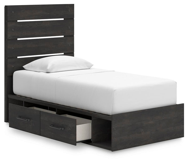 Delmorta Twin Panel Bed with Storage, Dresser, Mirror and Nightstand