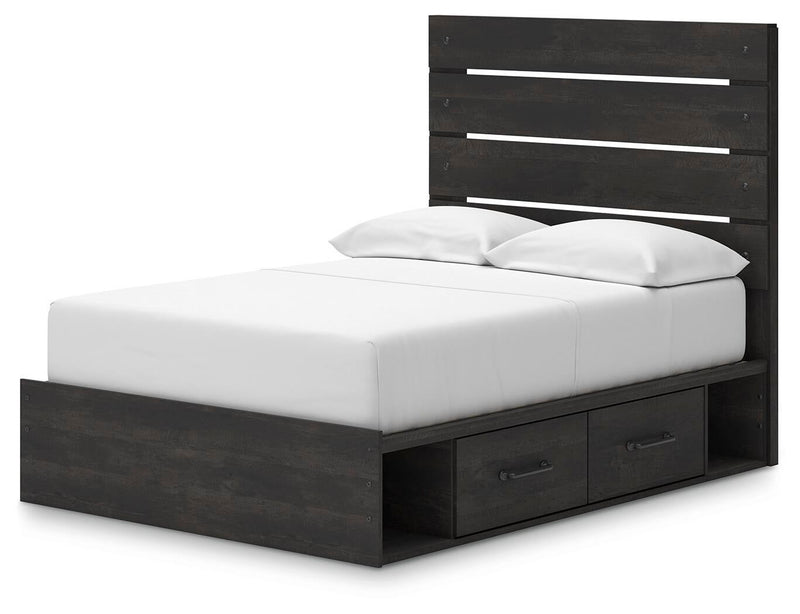 Delmorta Full Panel Bed with Storage, Dresser, Mirror, Chest and Nightstand