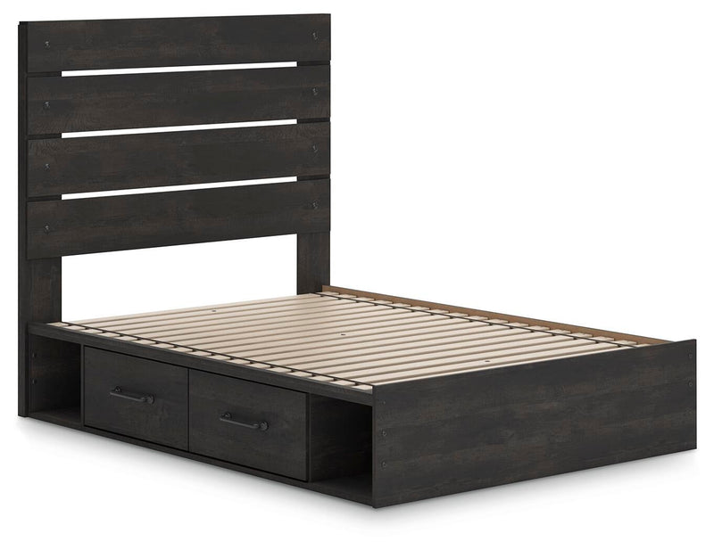 Delmorta Full Panel Bed with Storage, Dresser, Mirror, Chest and Nightstand