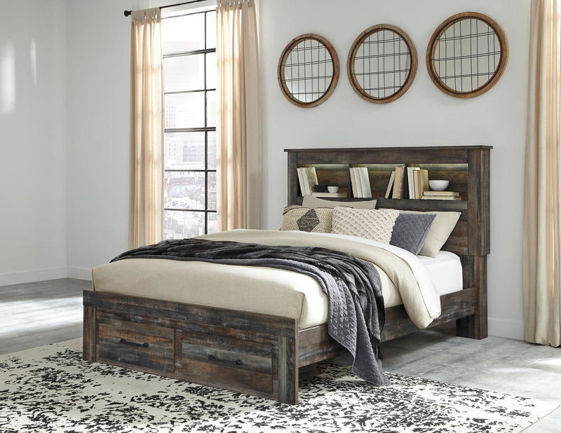 Drystan Queen Panel Bed with 2 Storage Drawers with Mirrored Dresser