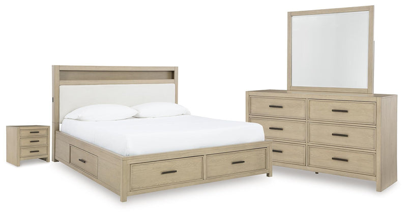 Calmoro King Bookcase Bed with Mirrored Dresser and Nightstand