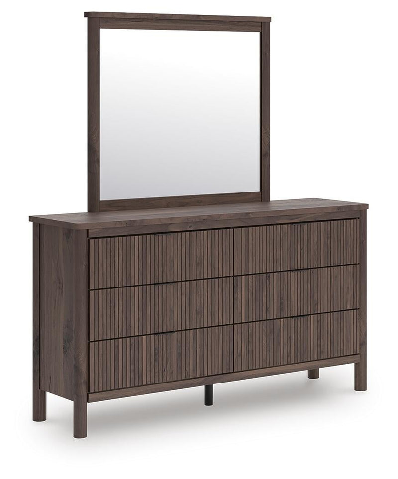 Cadmori King Upholstered Panel Bed, Dresser, Mirror and Nightstand